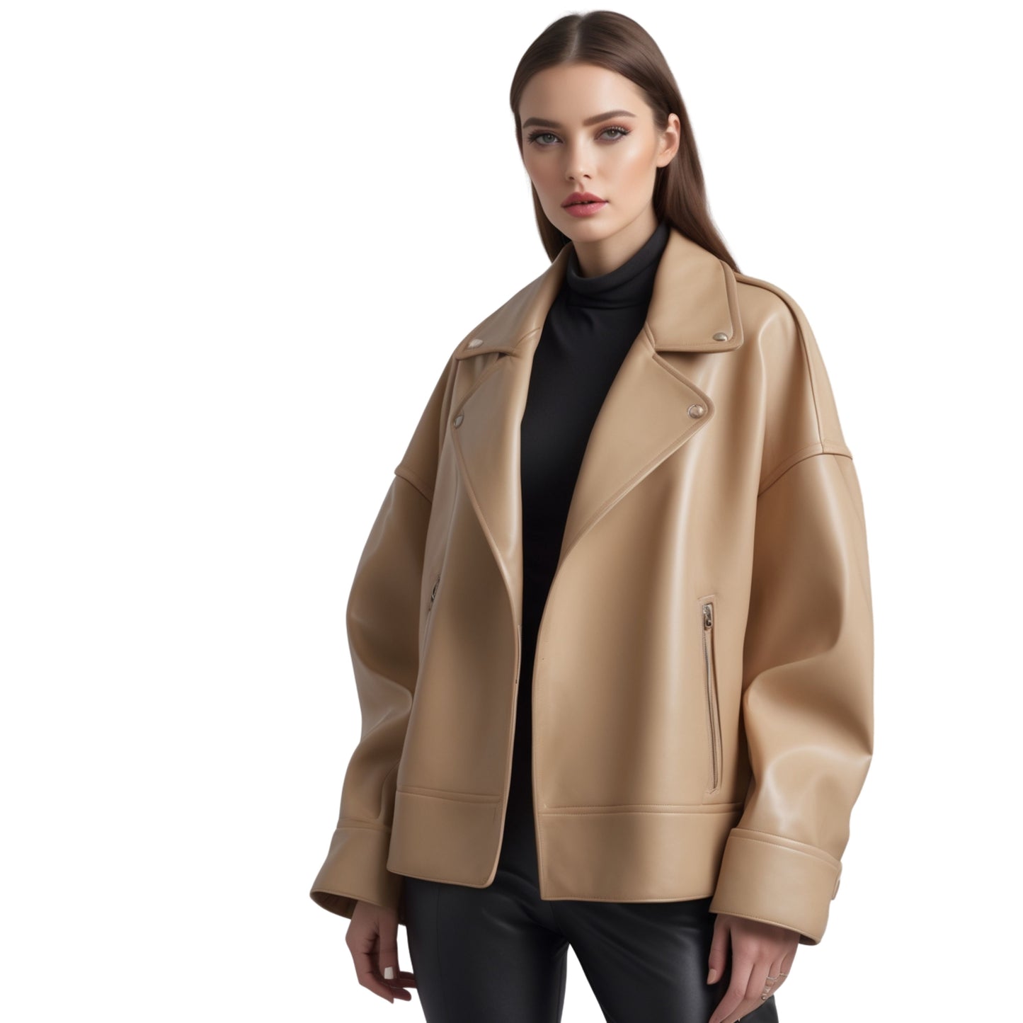 Oversized Beige Leather Moto Jacket: Wide Lapel, Dropped Shoulder Outerwear