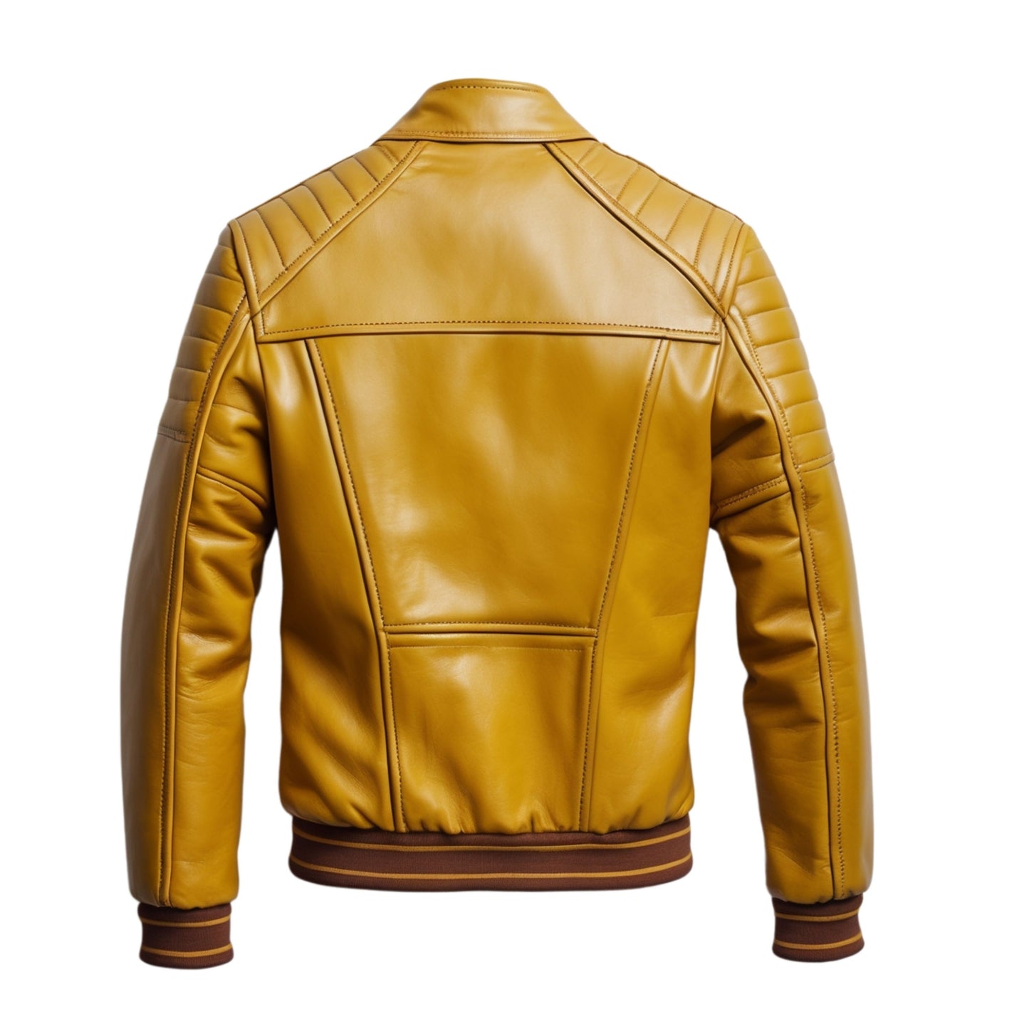 Men's Mustard Yellow Real Leather Bomber Jacket with Ribbed Knit Cuffs – Modern Casual Style