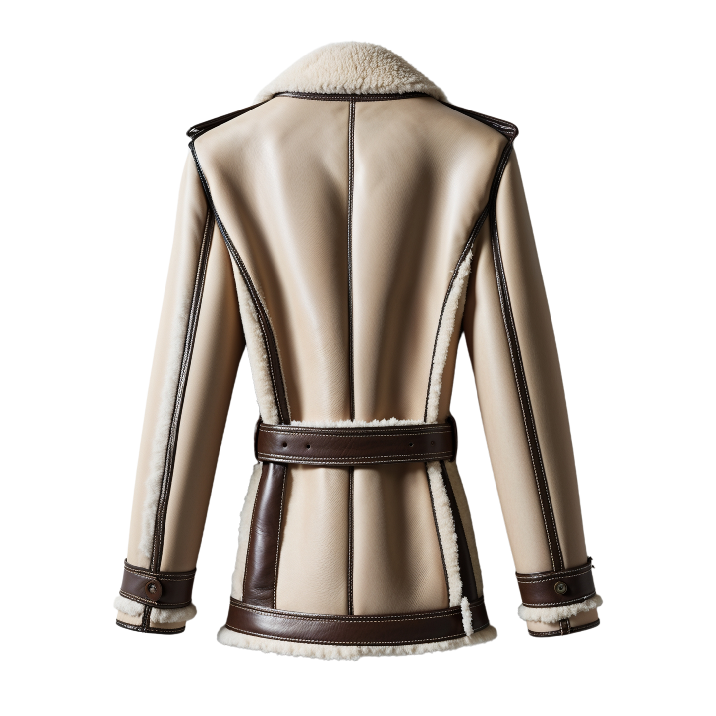 Luxury Beige Brown Real Leather Shearling Jacket Men Wide Lapel Belted Waist Soft Lining Winter Fashion