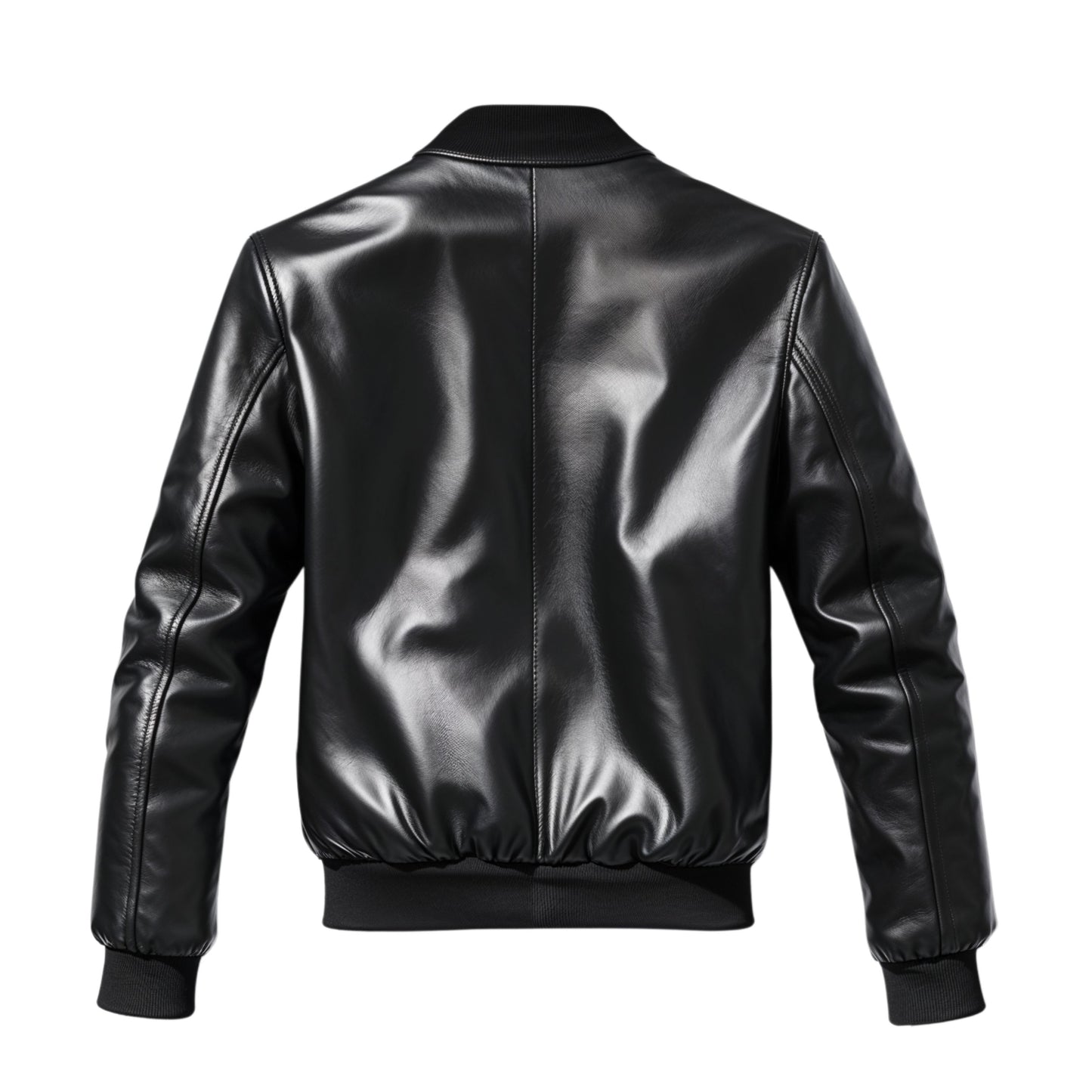 Men's Black Leather Bomber Jacket with Ribbed Trim, Zipper Closure, Versatile Style