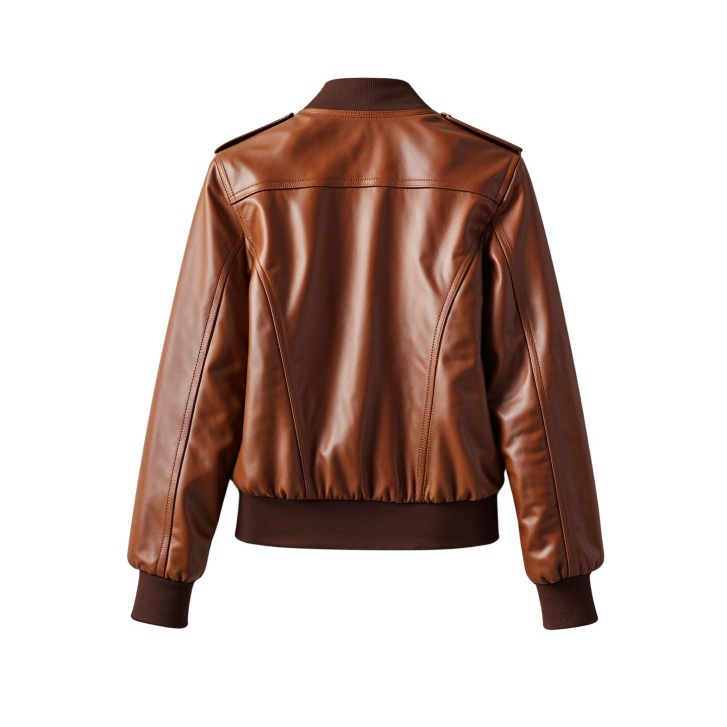 Women's Cognac Brown Leather Cropped Bomber Jacket – Ribbed Collar Flight Style
