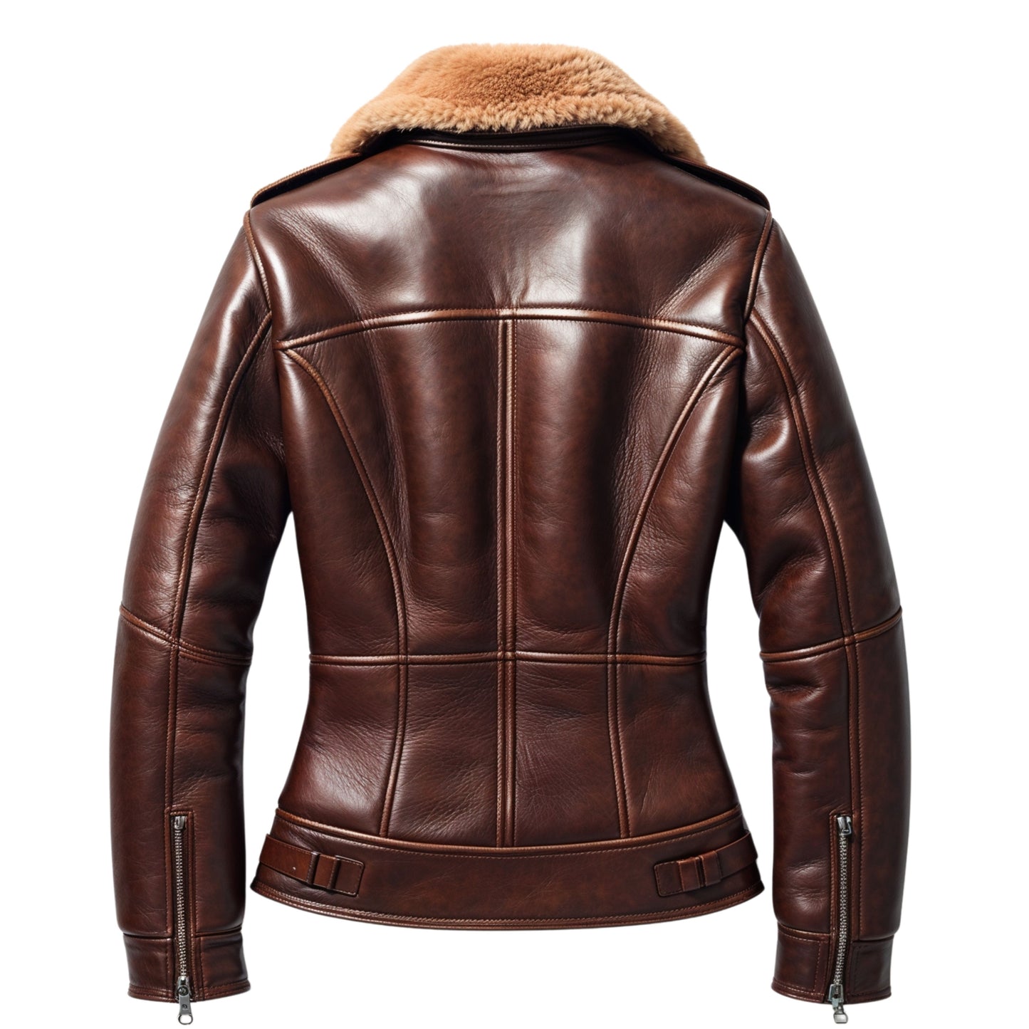 Brown Real Leather Shearling Aviator Jacket with Tan Plush Collar – Slim Fit Buckle Tabs
