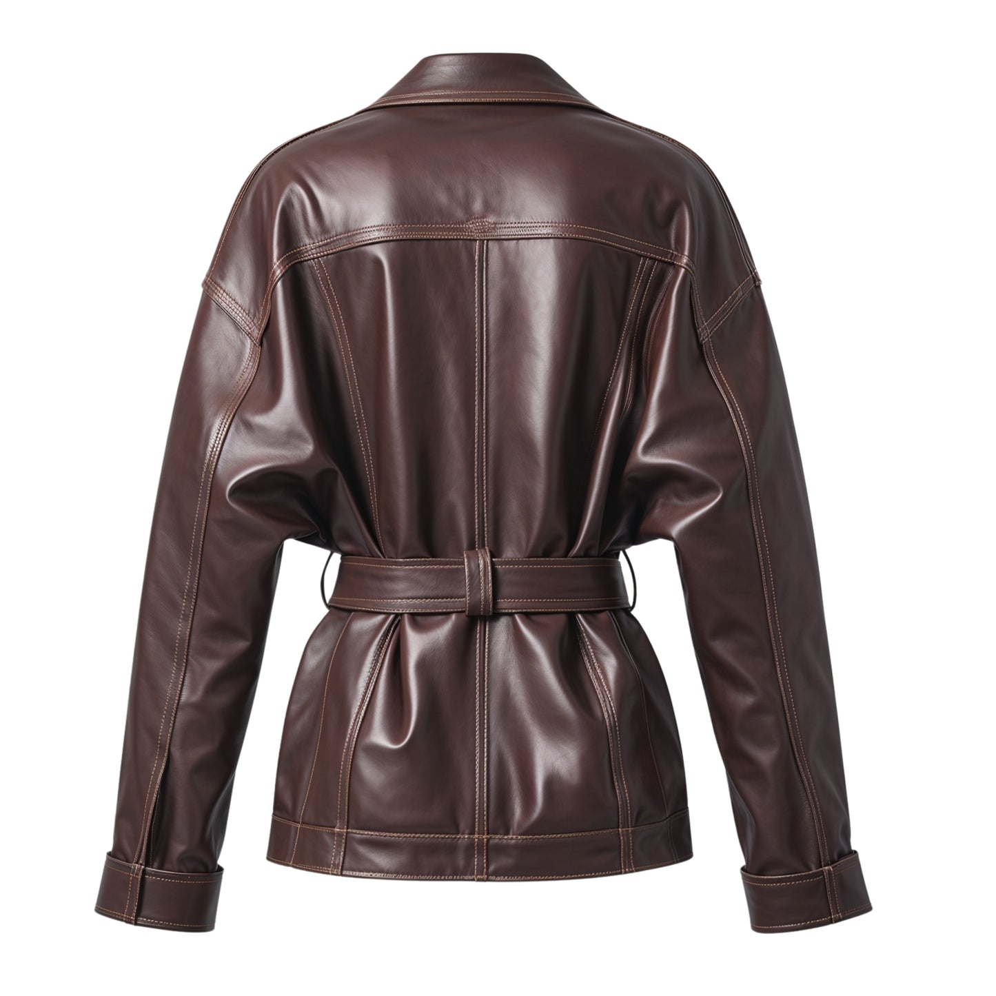 Brown Leather Belted Trench Coat: Oversized Lapel, Buckle Waist, Relaxed Fit