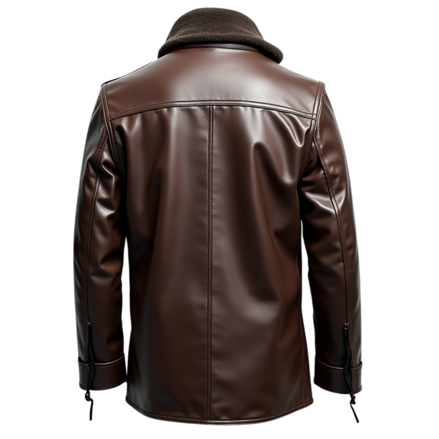 Brown Leather Military Field Jacket with Fur Collar, Four Pockets
