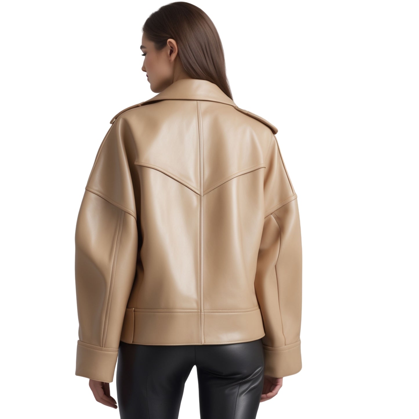 Oversized Beige Leather Moto Jacket: Wide Lapel, Dropped Shoulder Outerwear