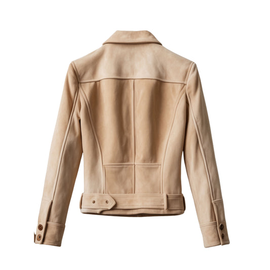Beige Suede Leather Trucker Jacket: Slim Fit, Button Front, Casual Outerwear