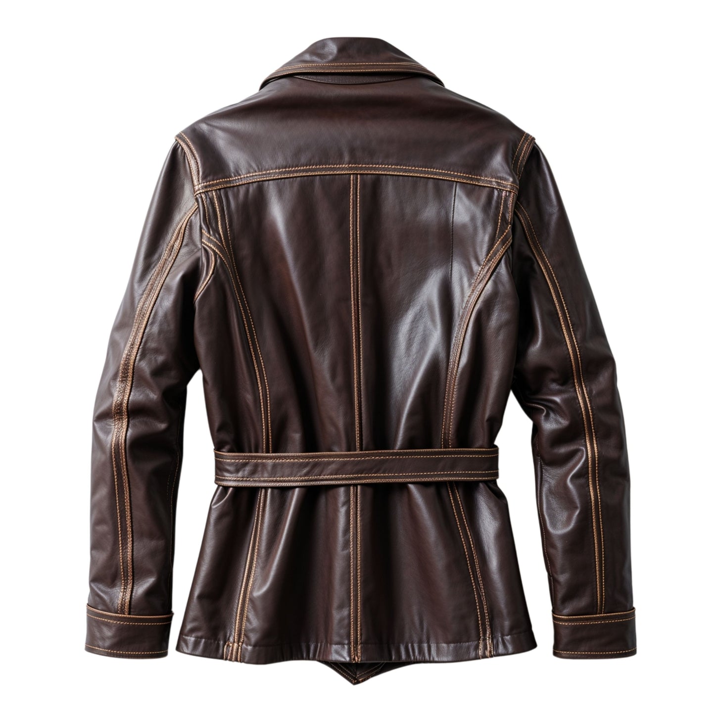 Men Brown Belted Trench Real Leather Jacket Contrast Stitching Classic Collar Vintage Sophisticated Style