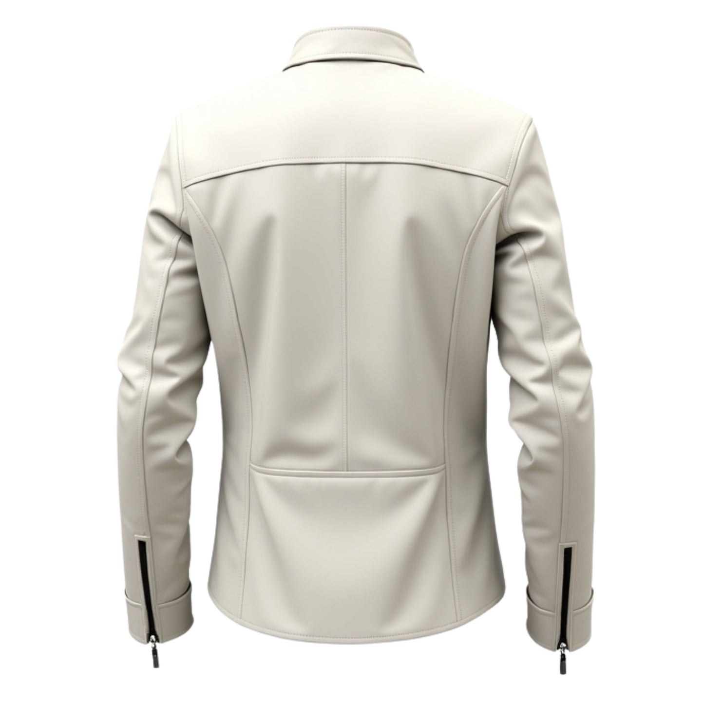 Men's White Real Leather Jacket: Stand Collar, Zip Pockets, Minimalist Style