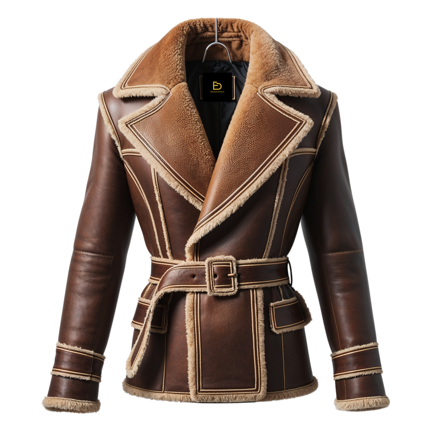 Men Real Shearling Lined Brown Leather Aviator Jacket Wide Lapel Collar Adjustable Waist Belt Winter Style