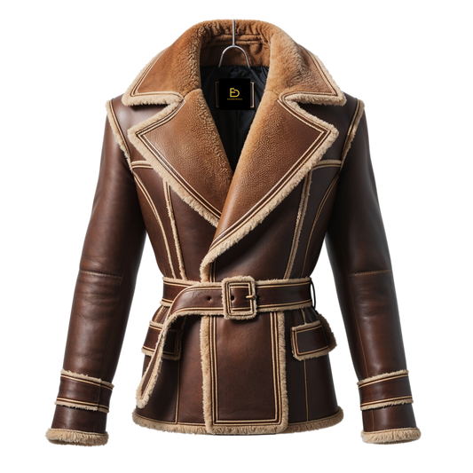 Men Real Shearling Lined Brown Leather Aviator Jacket Wide Lapel Collar Adjustable Waist Belt Winter Style