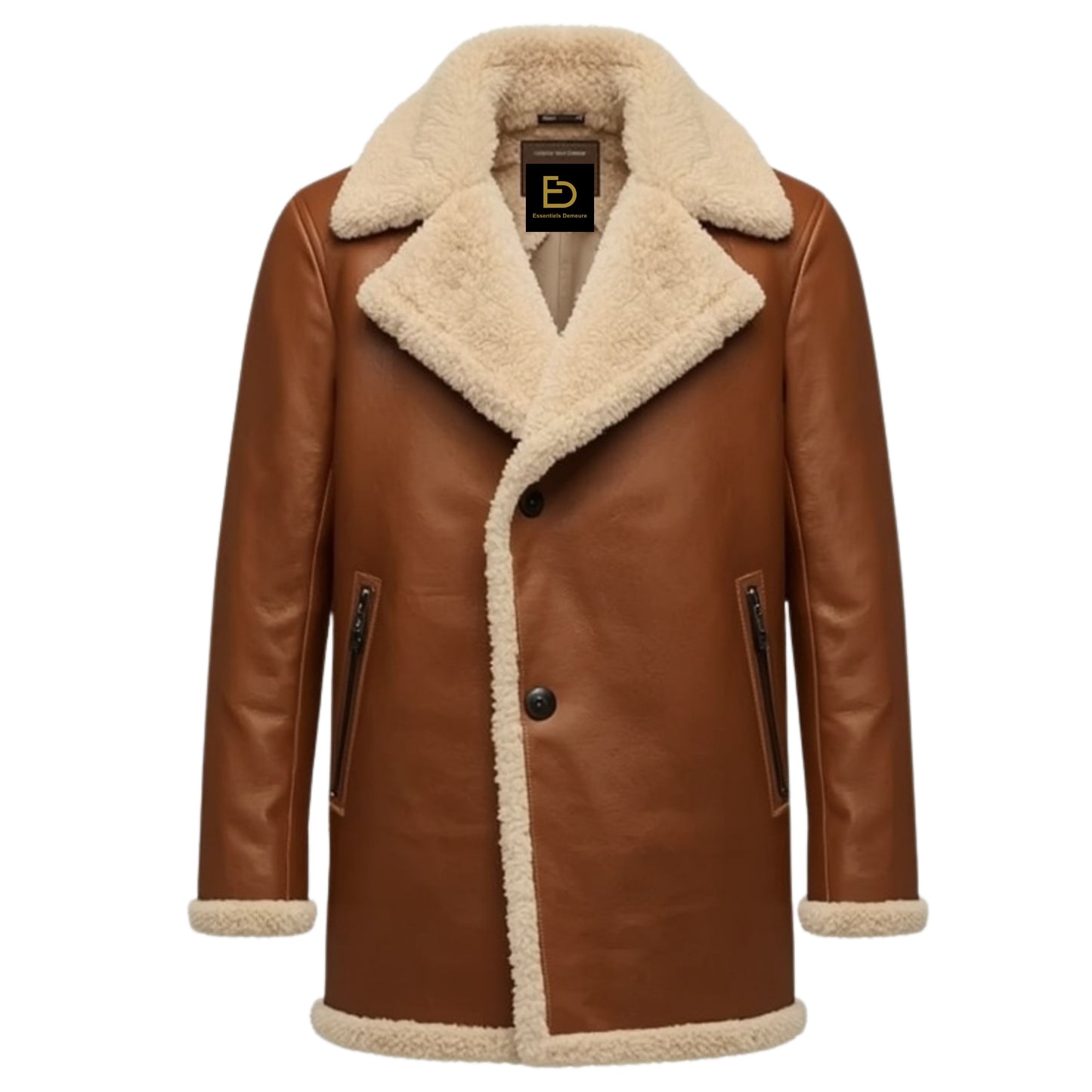 Men's Tan Brown Leather Shearling Coat – Single Breasted Winter Overcoat