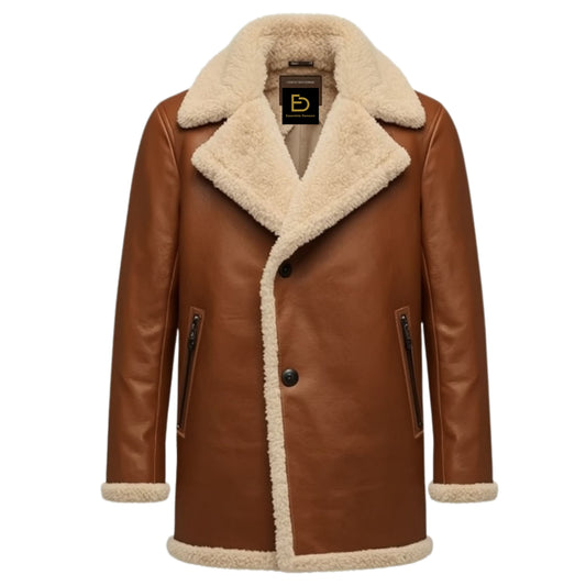 Men's Tan Brown Leather Shearling Coat – Single Breasted Winter Overcoat