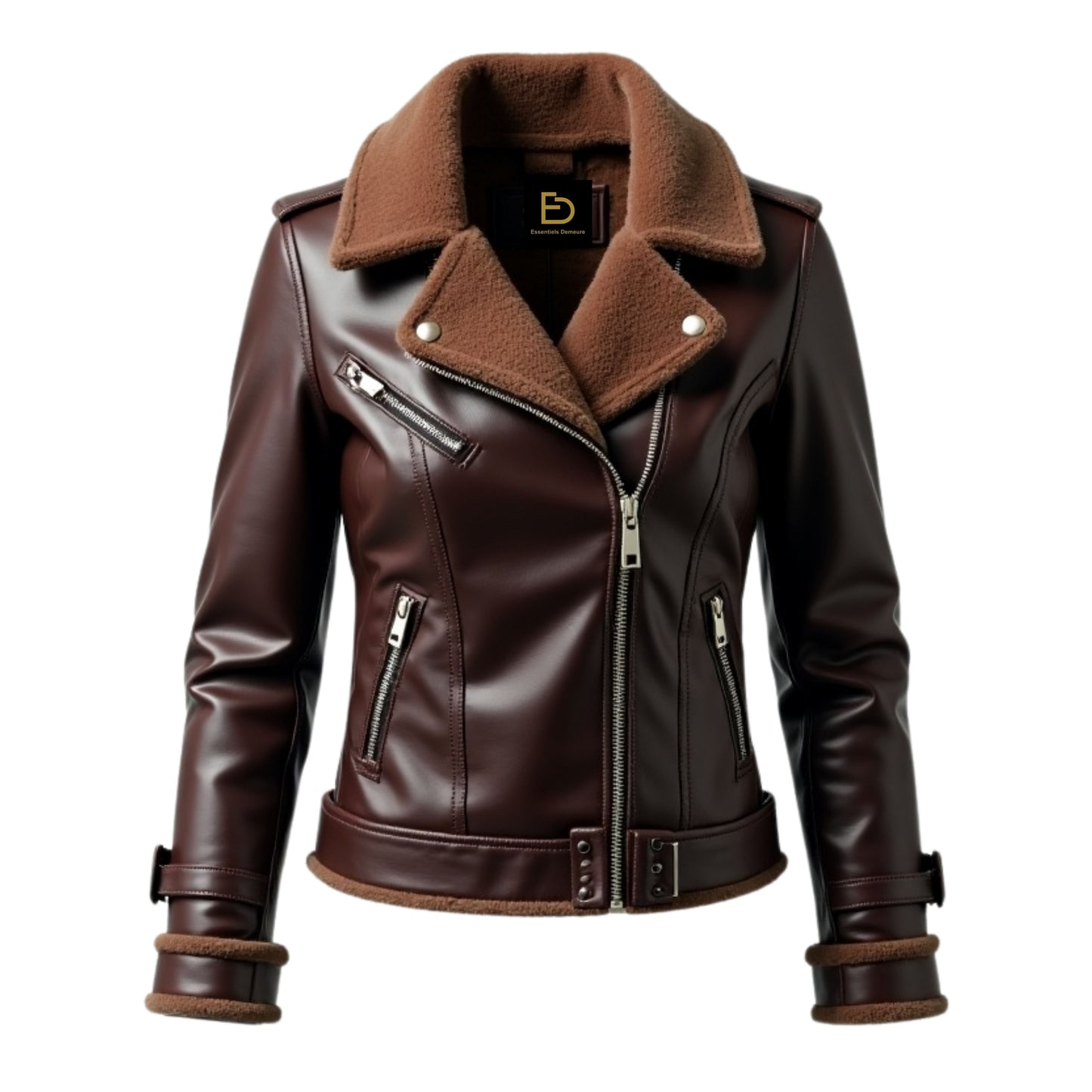 Women's Real Leather Shearling Biker Jacket – Dark Brown Asymmetrical Zip Coat