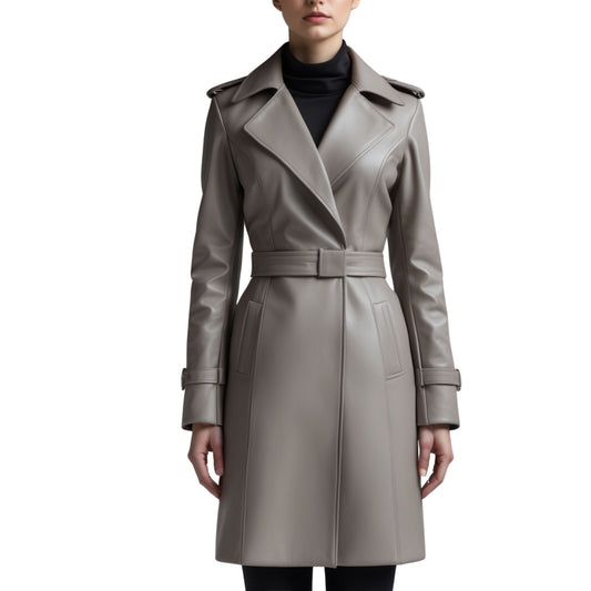 Genuine Leather Trench Coat: Greige Taupe, Belted Midi Wrap Outerwear