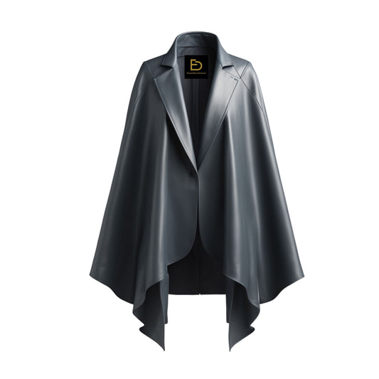Women's Charcoal Grey Real Leather Cape Blazer – Draped Poncho Coat