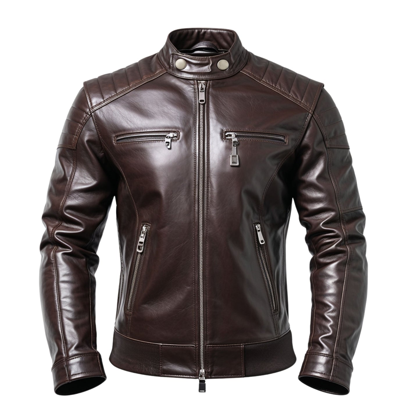 Men's Brown Real Leather Biker Jacket with Quilted Shoulders – Slim Fit Motorcycle Style