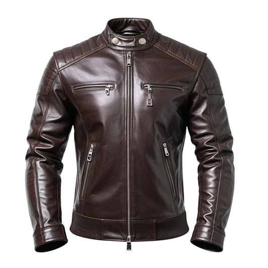 Men's Brown Real Leather Biker Jacket with Quilted Shoulders – Slim Fit Motorcycle Style