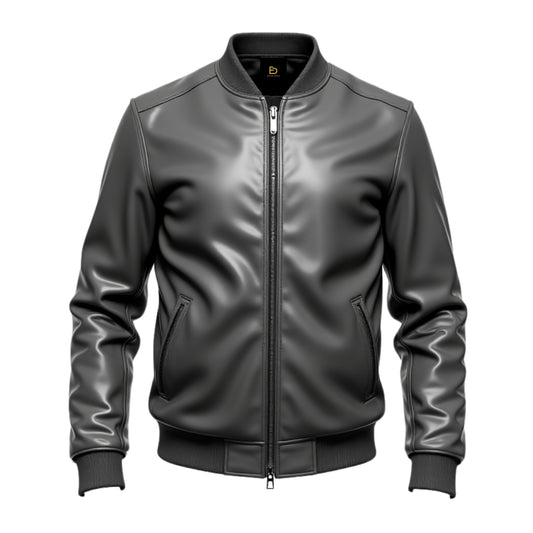 Men's Black Real Leather Bomber Jacket – Minimalist Ribbed Cuffs Zipper Style