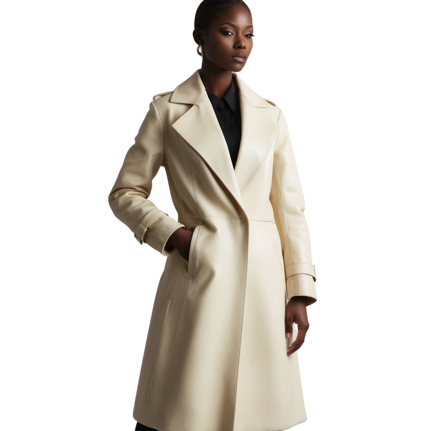 Womens Ivory Real Leather Trench Coat: Long Tailored Overcoat, Wide Lapel, Winter Style