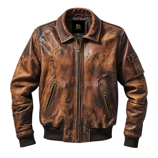 Vintage Brown Distressed Leather Bomber Jacket Classic Zip Front Multiple Pockets Versatile Everyday Style