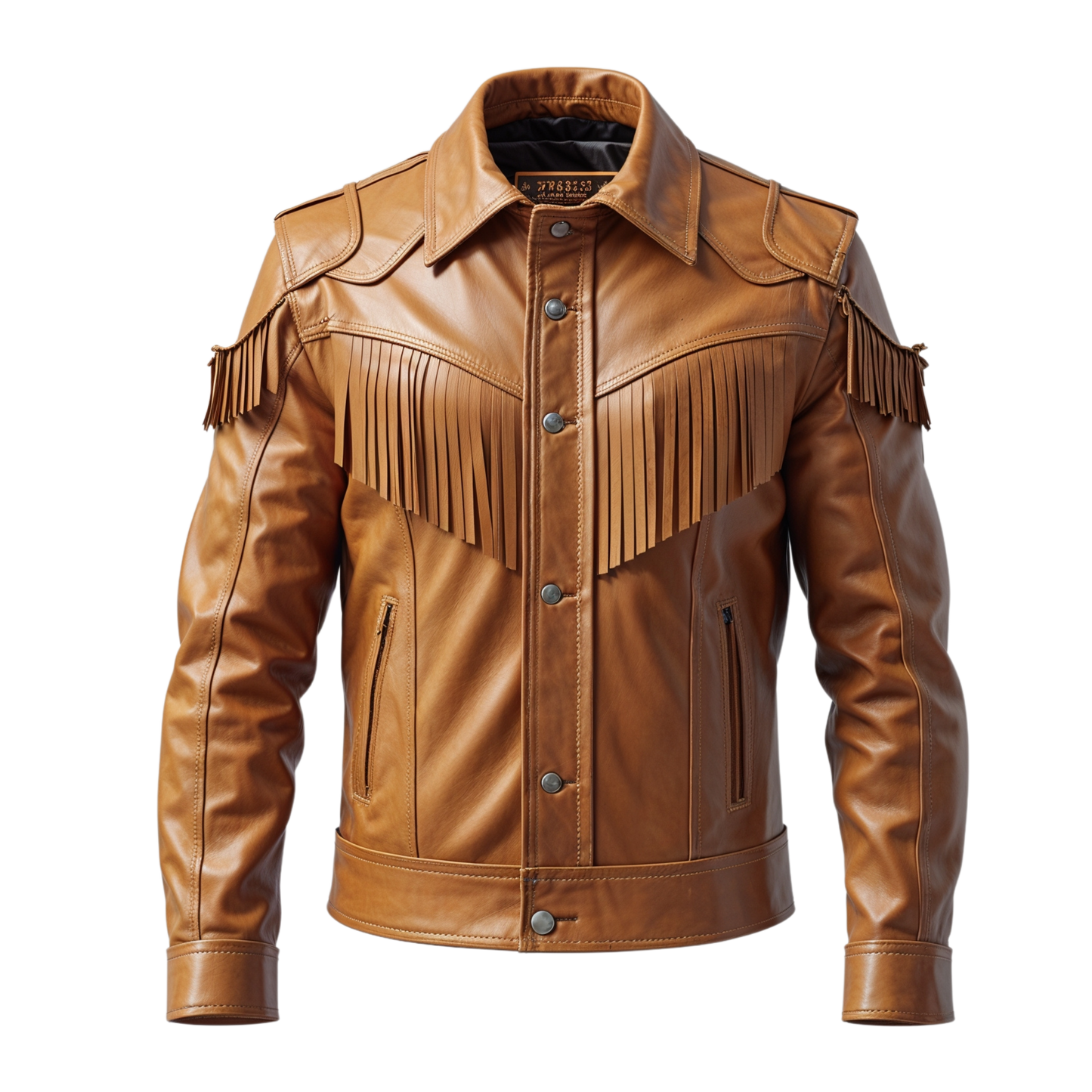 Tan Real Leather Fringe Jacket: Western Cowboy Style Shirt Collar