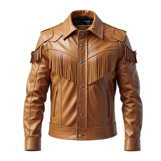 Tan Real Leather Fringe Jacket: Western Cowboy Style Shirt Collar