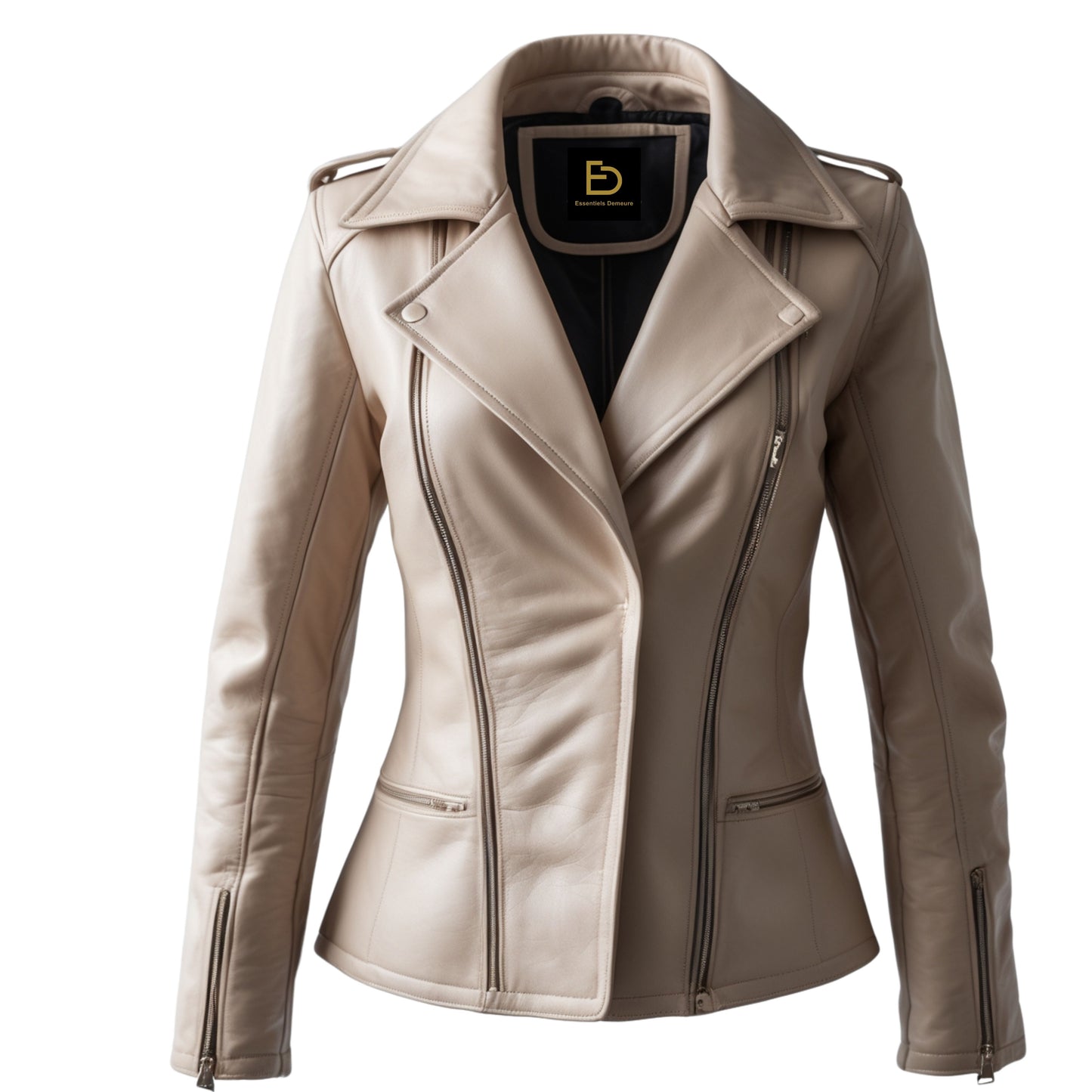Womens Real Leather Biker Jacket: Cream Beige Slim Fit, Wide Lapel, Fashion Outerwear