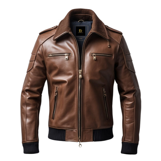 Men's Brown Leather Bomber Jacket: Ribbed Cuffs, Zip Pockets, Classic Style