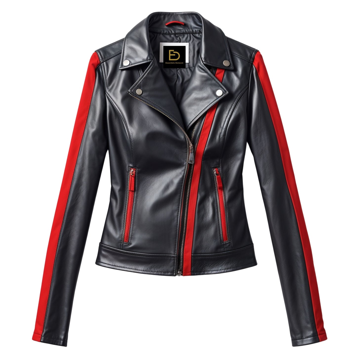 Black Leather Moto Jacket with Red Racing Stripe Accents – Slim Biker Fit