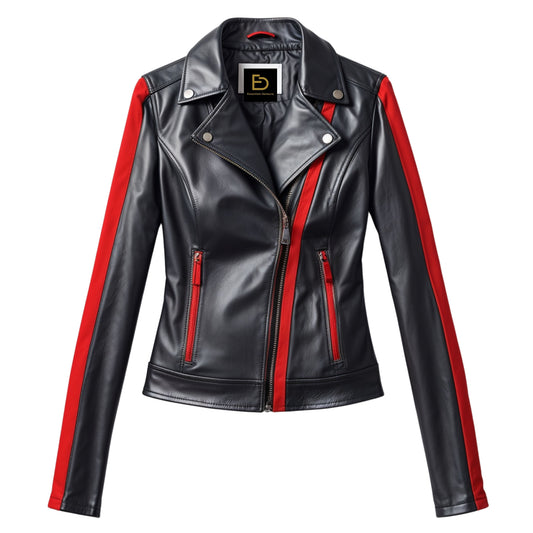 Black Leather Moto Jacket with Red Racing Stripe Accents – Slim Biker Fit