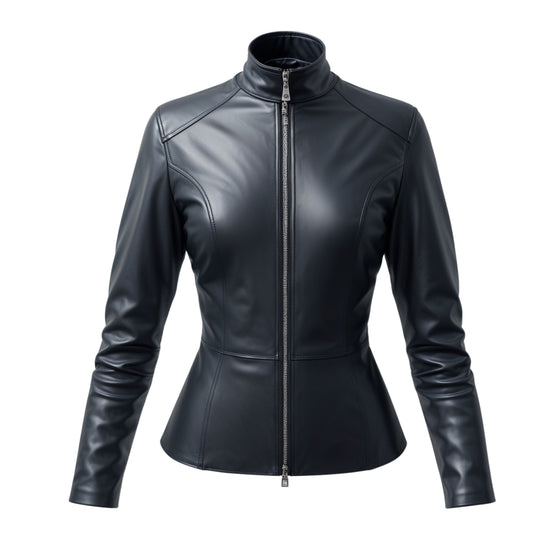 Womens Black Real Leather Jacket: Stand Collar Zip Front Moto Style Coat