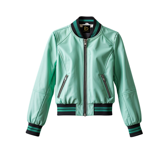Mint Green Leather Bomber Jacket: Cropped Flight Style with Ribbed Collar
