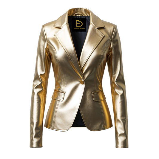 Gold Metallic Real Leather Blazer Jacket: Shiny Finish, Chic Style
