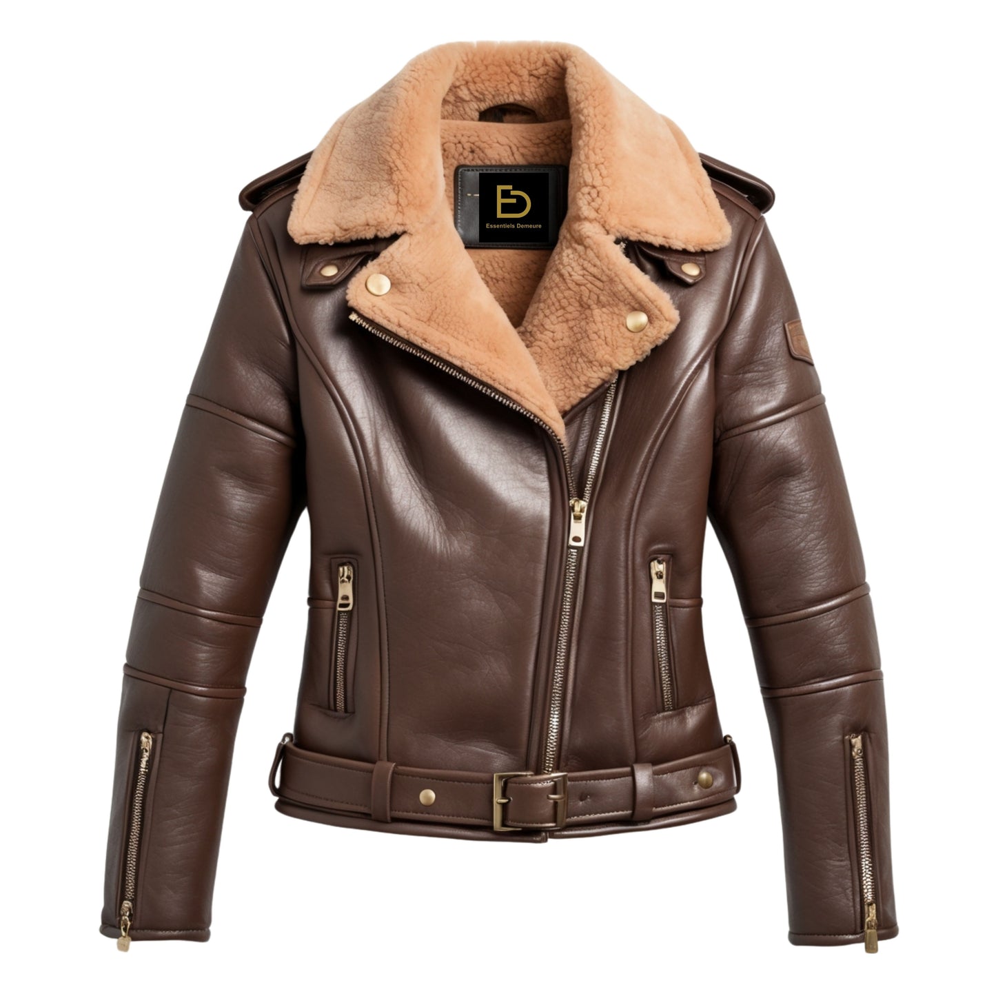 Women's Brown Leather Aviator Jacket with Shearling Collar, Belted Waist Biker Style