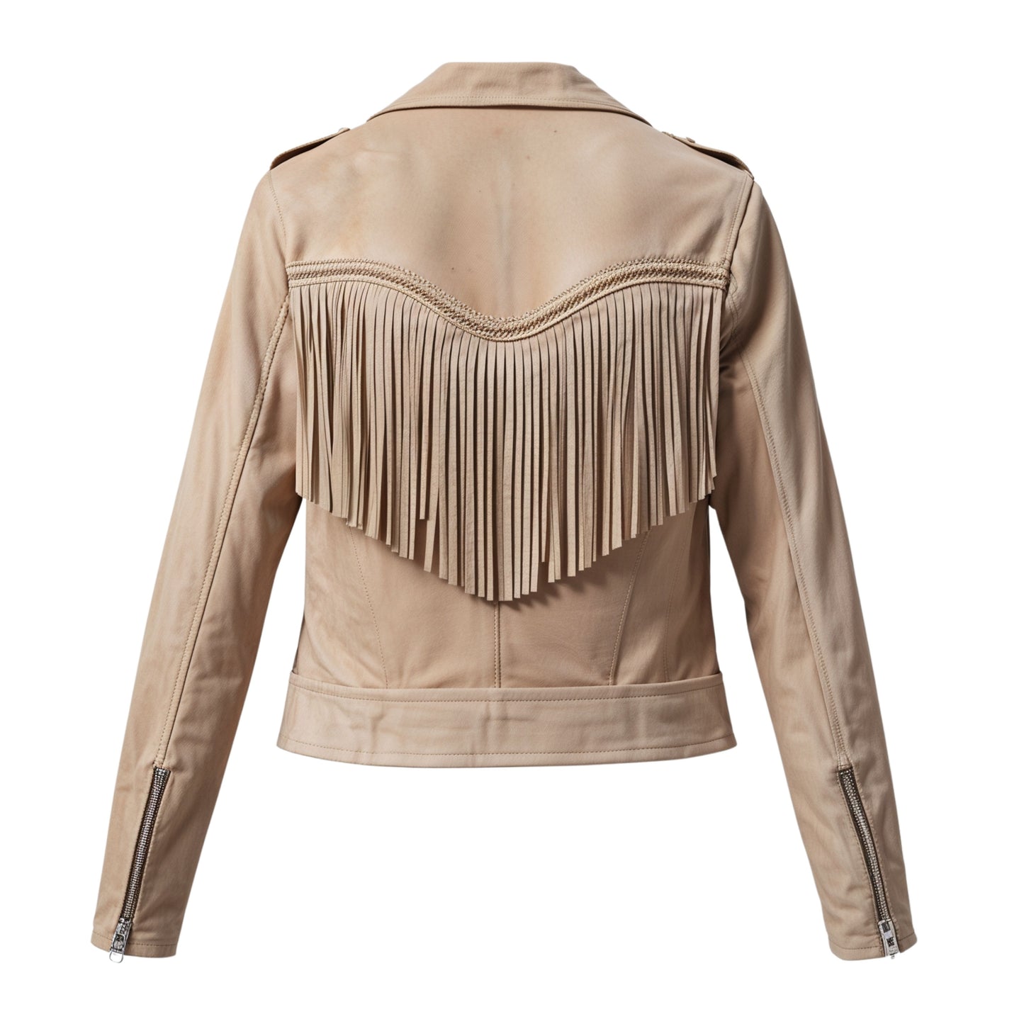Womens Beige Leather Fringe Jacket – Western Cowgirl Biker Statement Coat