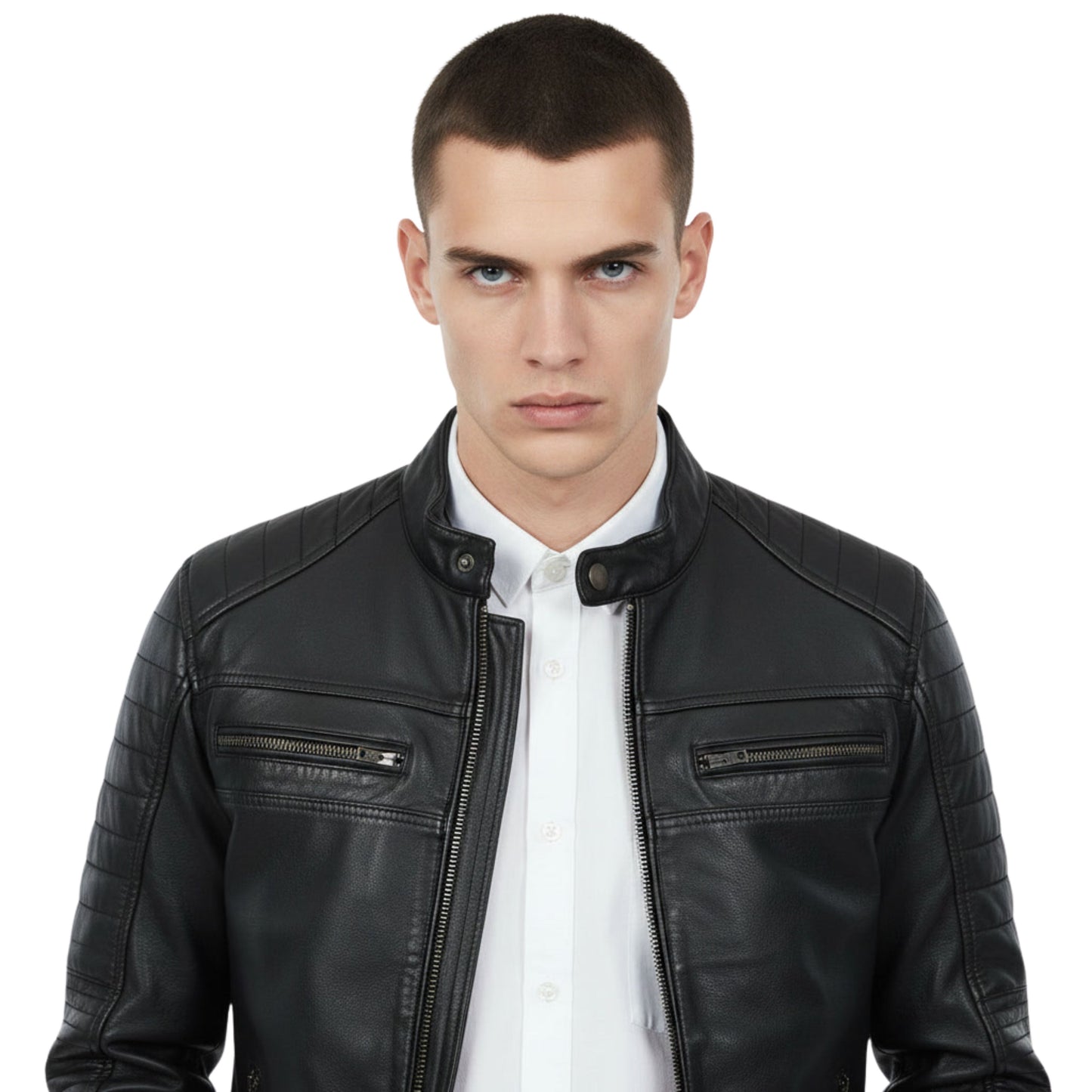 Men's Black Leather Slim Fit Moto Biker Jacket with Quilted Shoulders