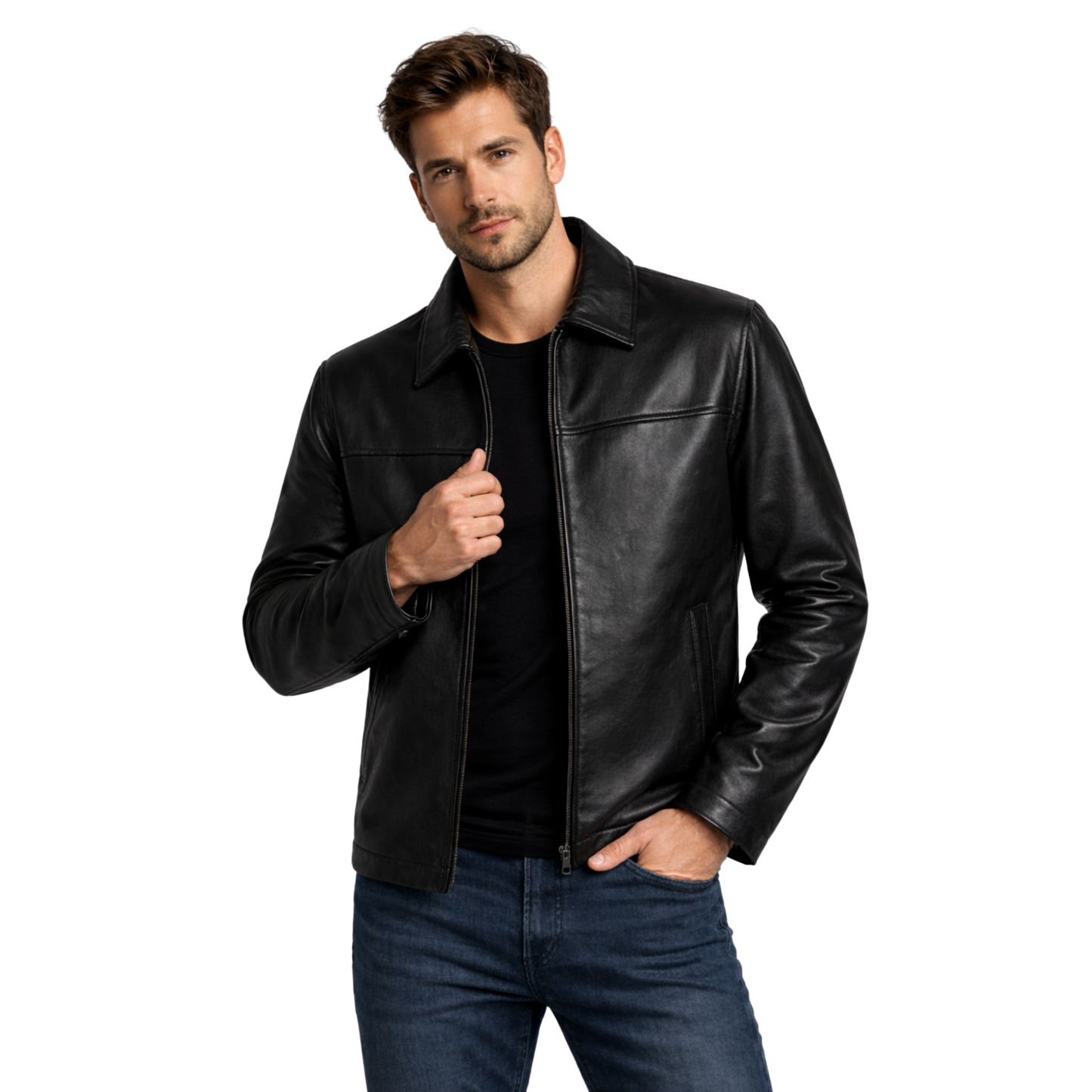 Men's Black Leather Jacket, Slim Fit Biker Style