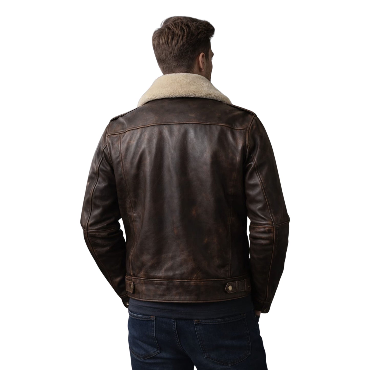 Men's Distressed Brown Leather Aviator Jacket with Shearling Collar – Vintage Winter Style