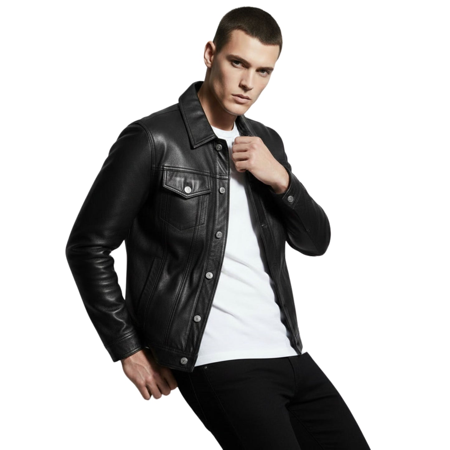 Men's Black Leather Trucker Jacket: Western Style, Slim Fit Snap-Button Coat