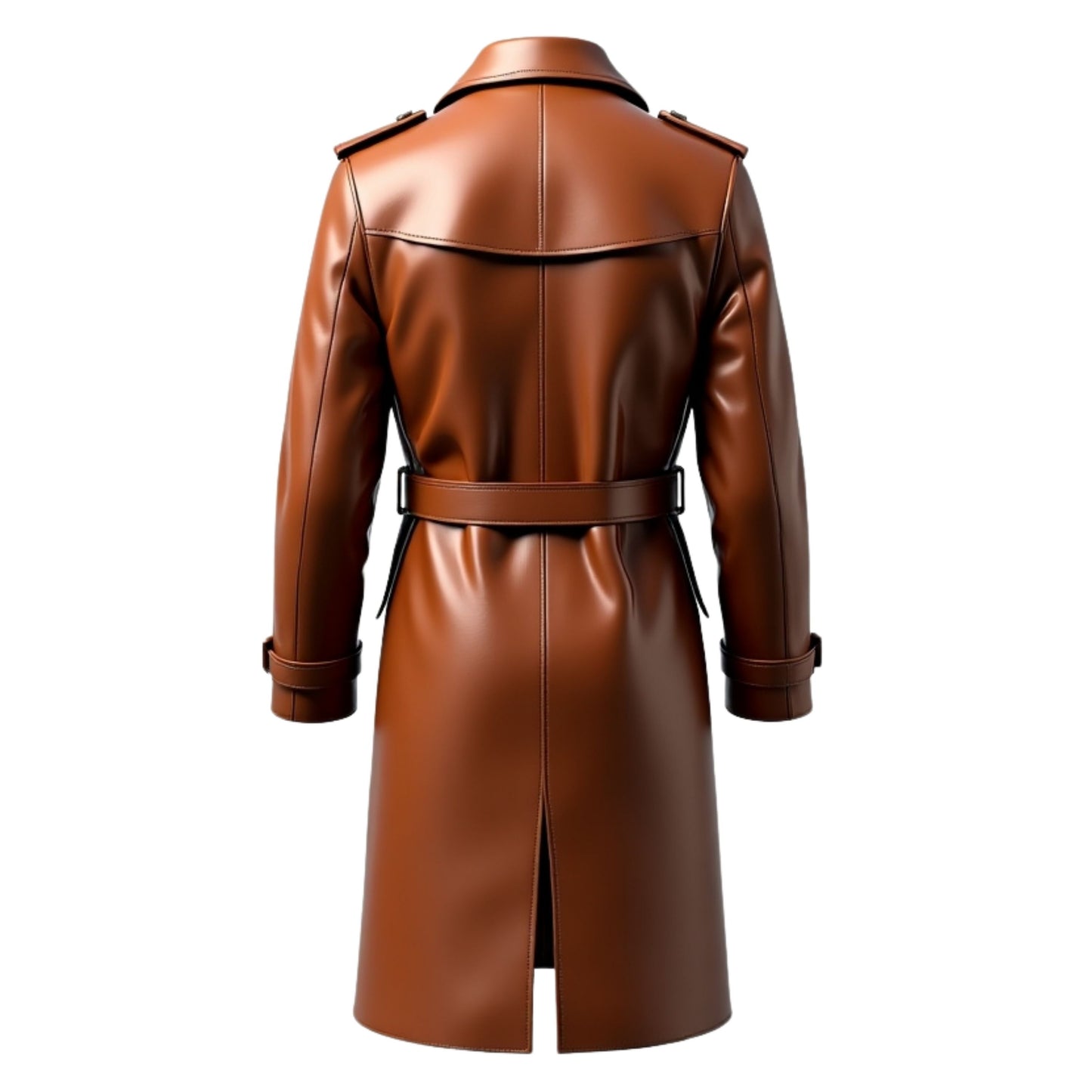 Men's Brown Leather Double Breasted Trench Coat with Belt and Epaulets