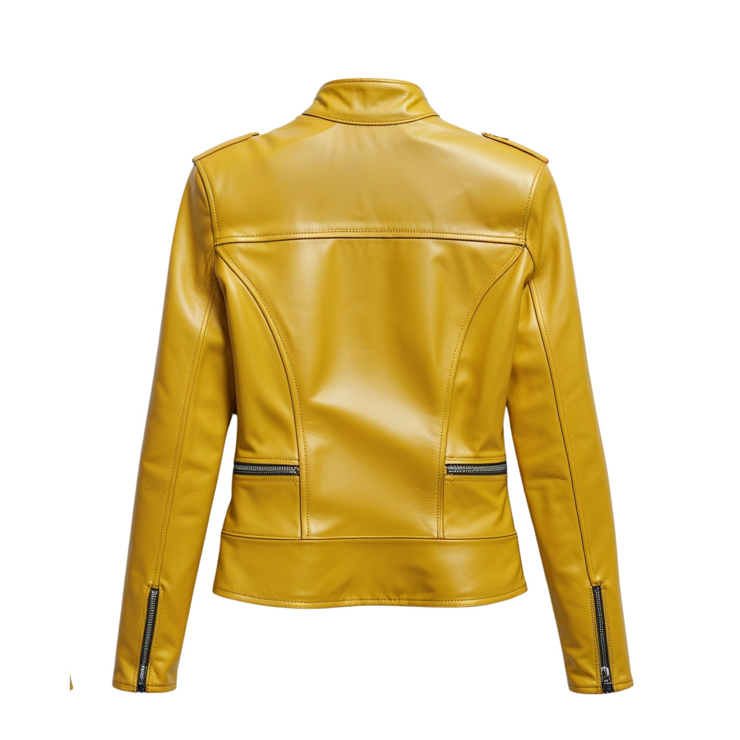 Yellow Real Leather Biker Jacket: Slim Fit, Stand Collar, Zip Front Fashion Outerwear