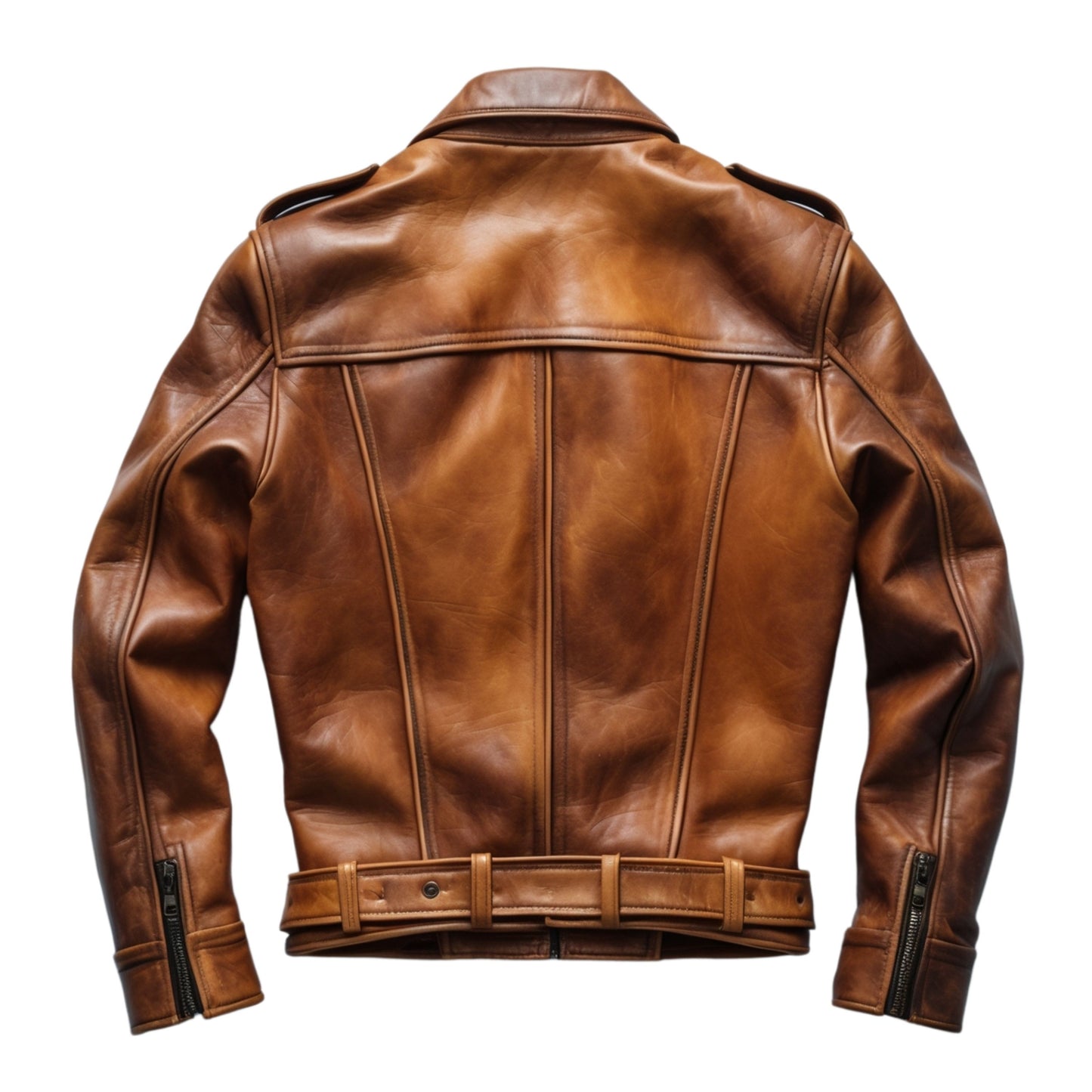 Men Classic Brown Real Leather Jacket Shoulder Epaulettes Pockets Adjustable Belt Timeless Rugged Style