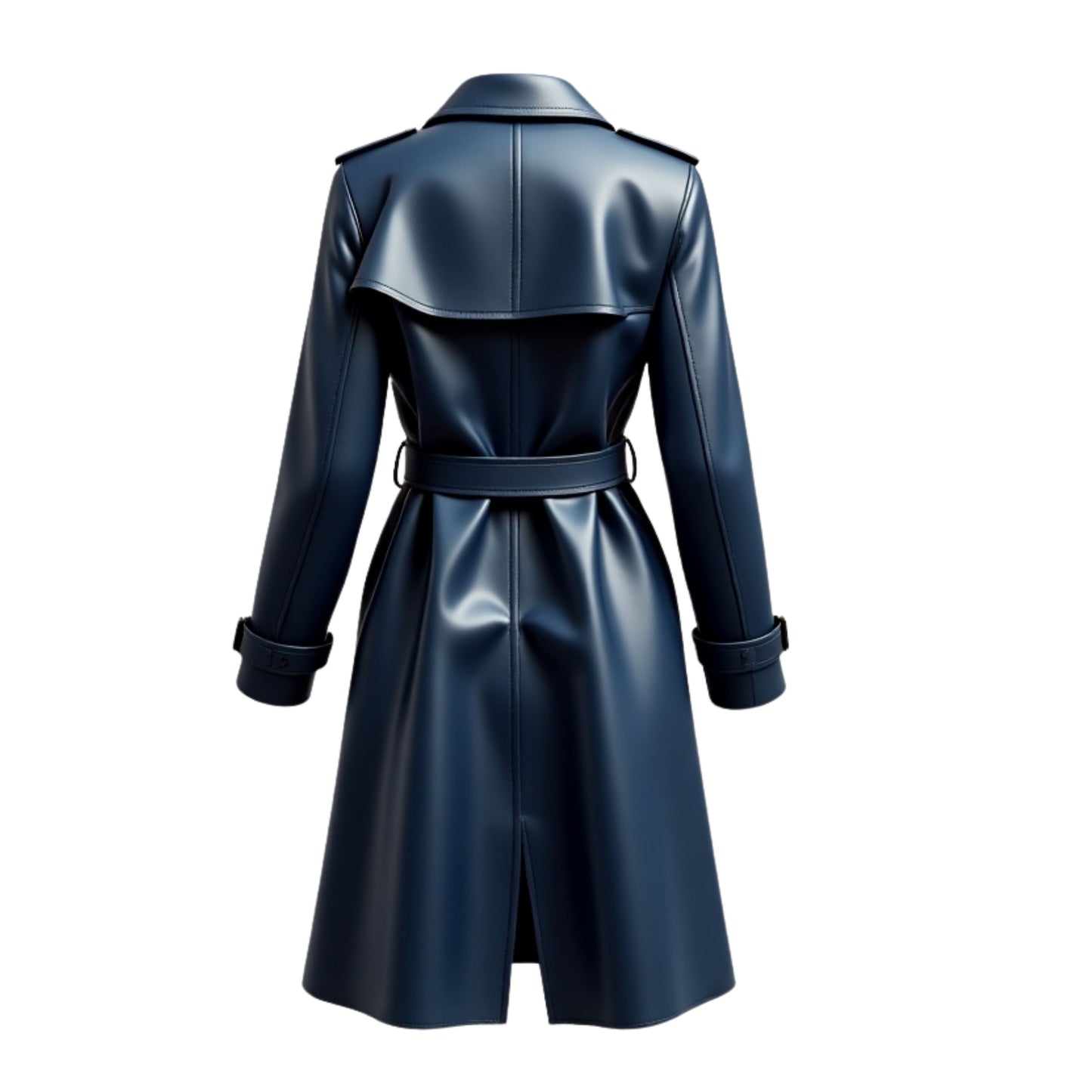 Navy Blue Leather Trench Coat Women Double Breasted Belted Overcoat