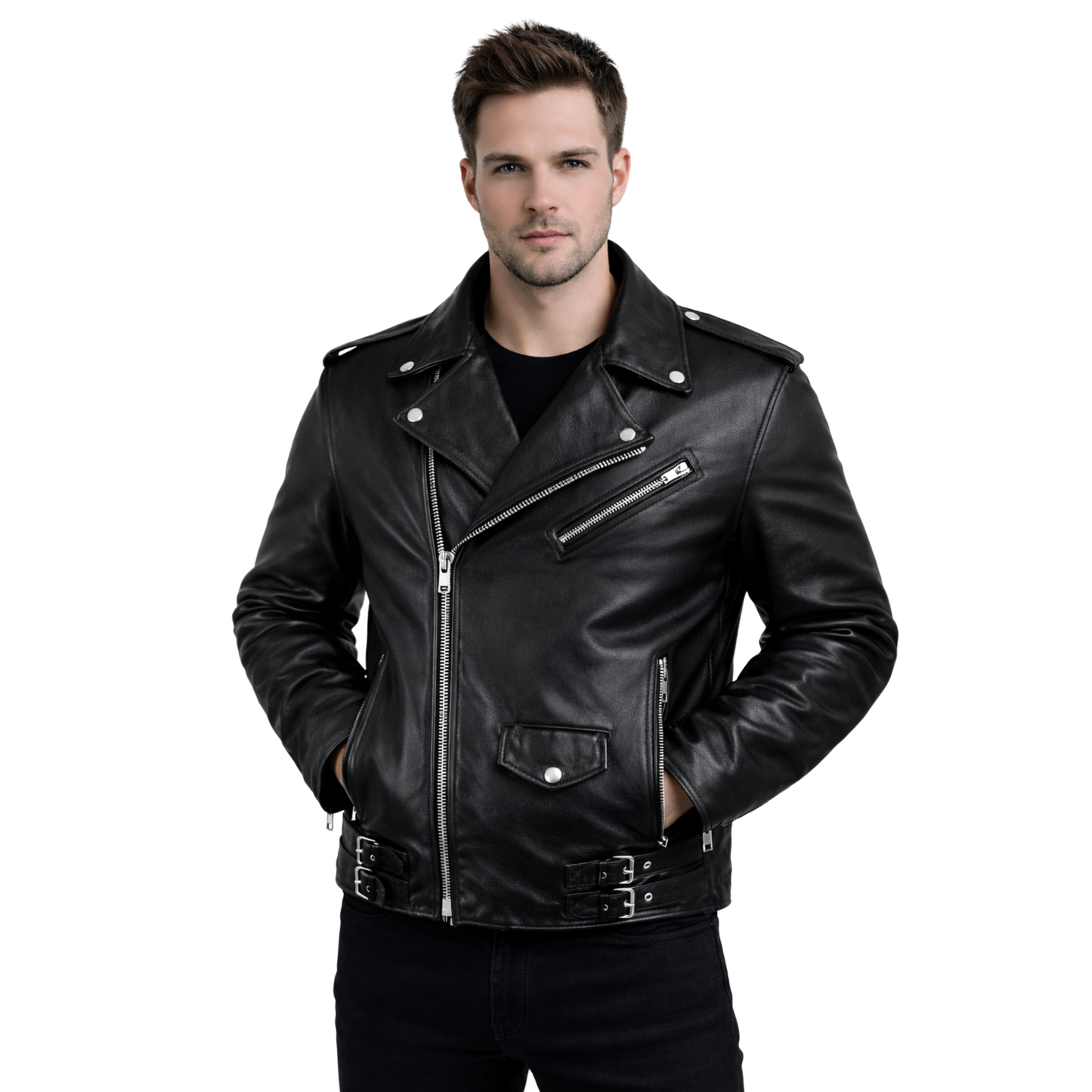 Mens Black Cowhide Leather Biker Jacket - Asymmetric Moto Style