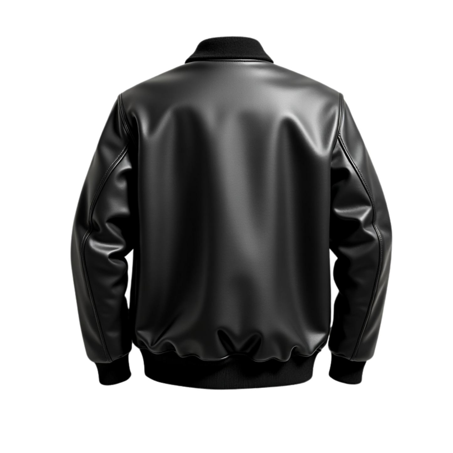 Classic Black Leather Bomber Jacket with Wool Collar, Zipper Pockets, Ribbed Cuffs