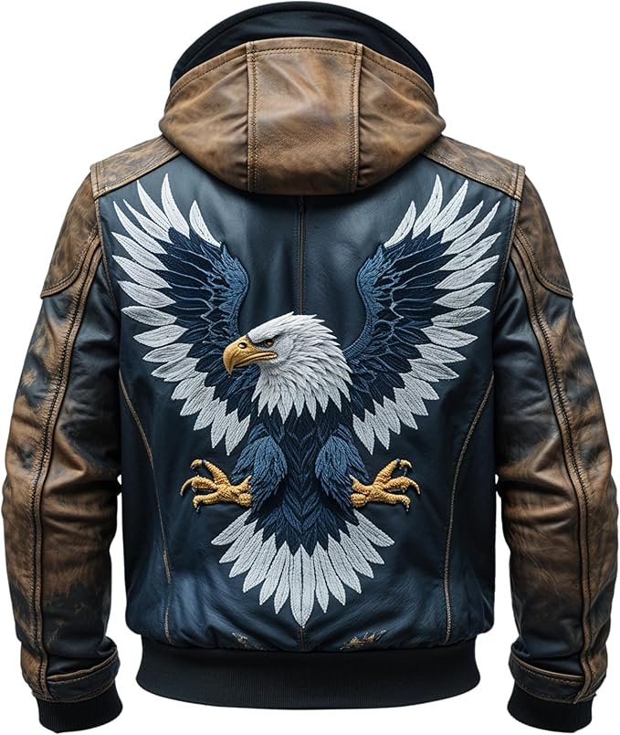 Vintage Distressed Brown Blue Leather Bomber Jacket Hood Rib Knit Cuffs Classic Biker Style Outerwear
