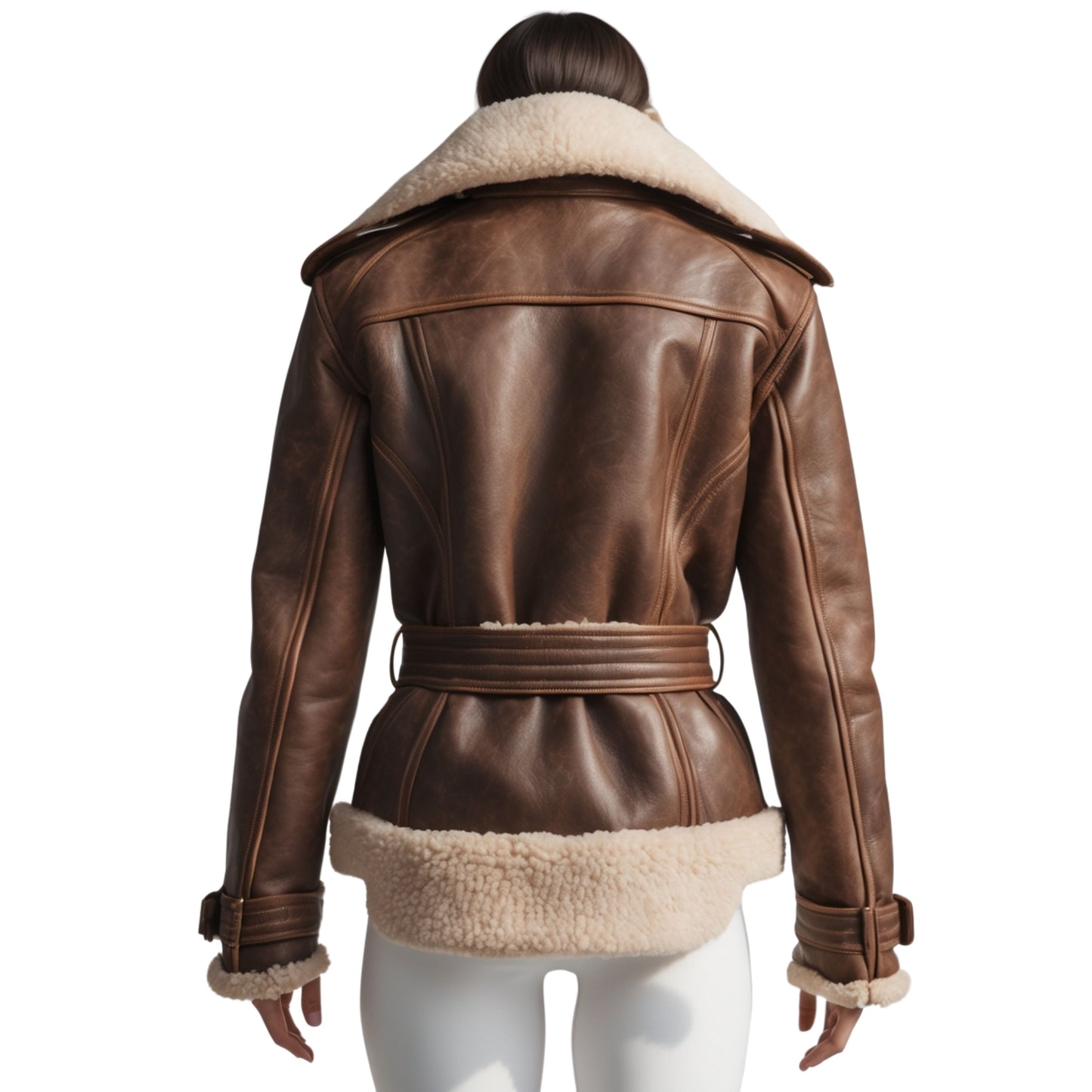 Women's Brown Leather Shearling Aviator Jacket: Belted Biker Coat