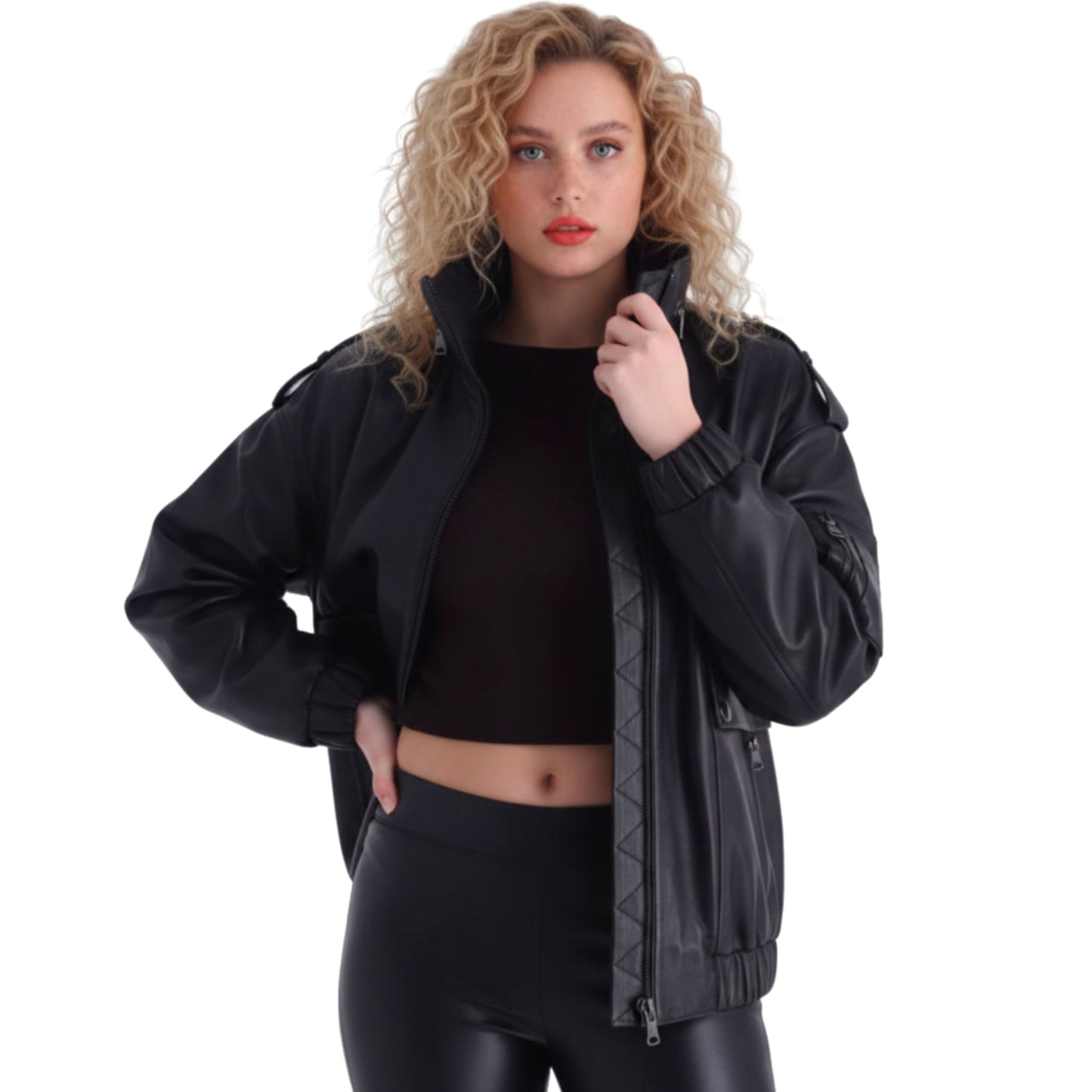 Black Leather Oversized Bomber Jacket: Quilted Utility Style Zip Pockets Elastic Hem