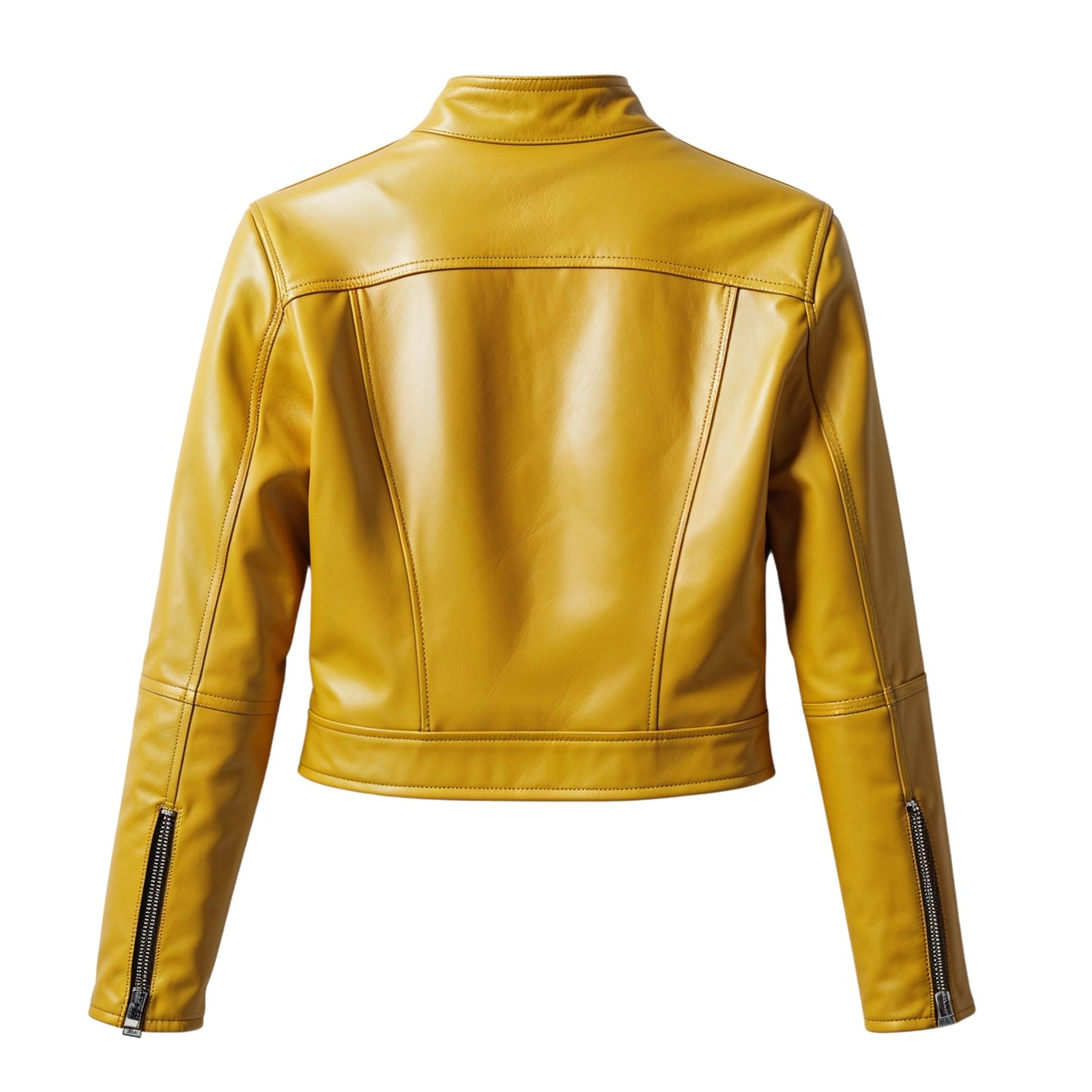 Yellow Leather Cropped Moto Jacket: Slim Fit Biker Style Stand Collar