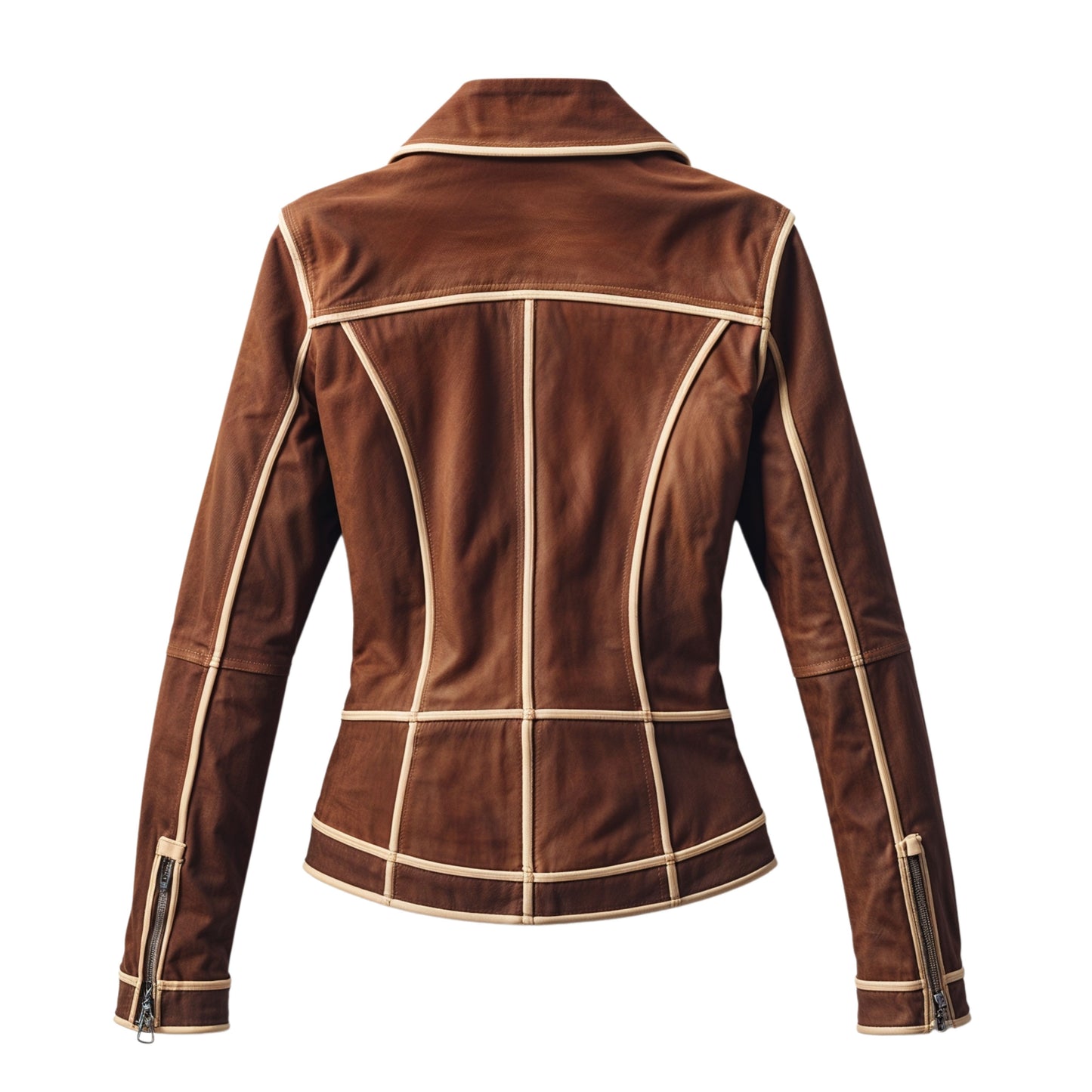 Women's Camel Brown Leather Moto Jacket with Contrast Piping – Asymmetrical Biker Style